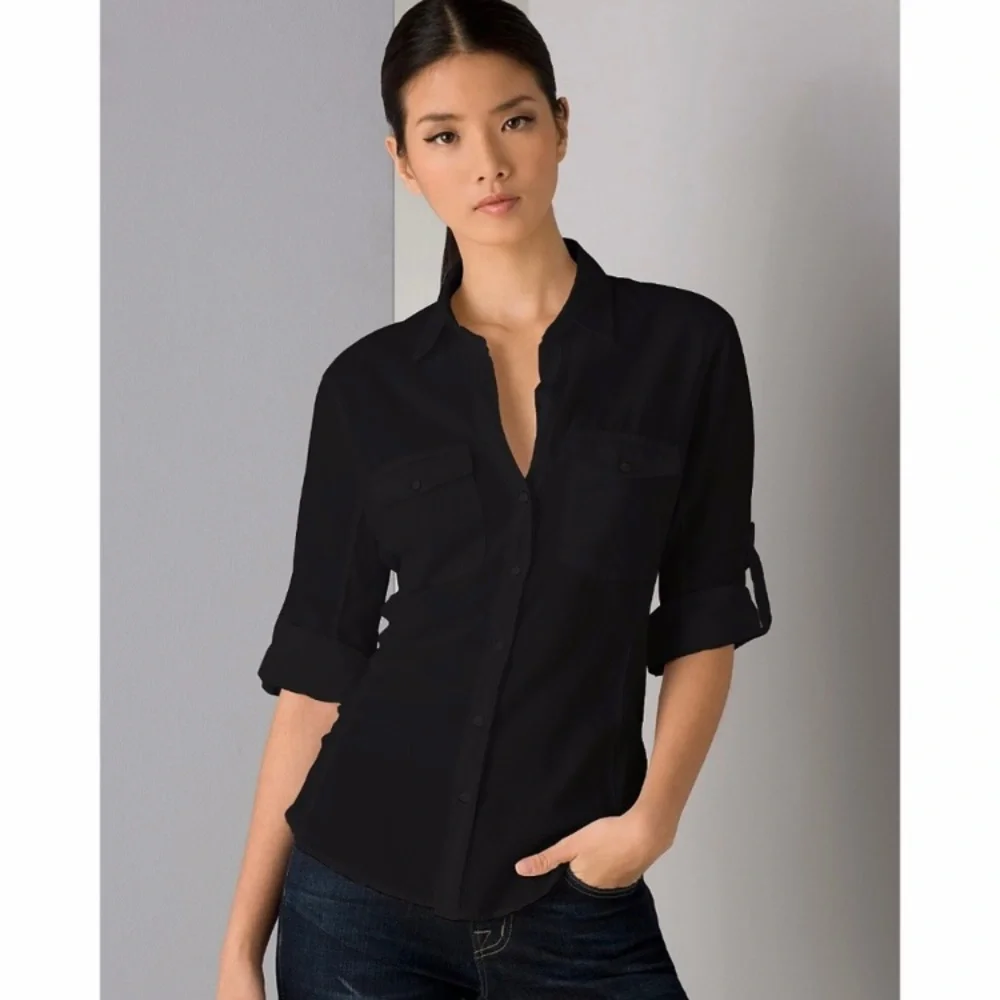 James Perse black button front shirt 3 large contrast ribbed shirt roll sleeve